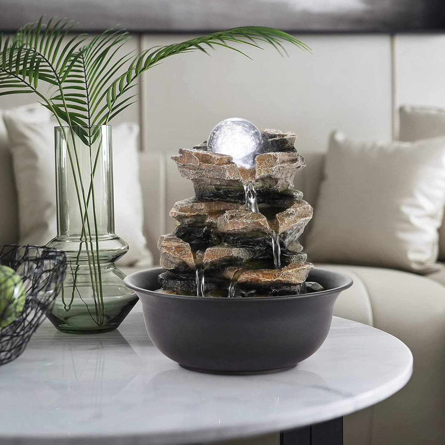 WICHEMI Indoor Fountains Tabletop Fountain Waterfall Fountain Indoor Water Feature Stacked Rocks Feng Shui Zen Meditation Relaxation Desktop Fountain with LED Light for Home and Office Decor(Style 5)-VerdiqueGarden