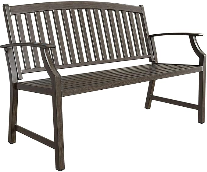 Grand patio 52" Farmhouse Outdoor Bench, Garden Benches with Rust Free Metal Powder Coated Frame and Aluminum Backrest, Faux Wood Grain Finish Frame Patio Bench for Front Porch, Northwoods Brown-VerdiqueGarden