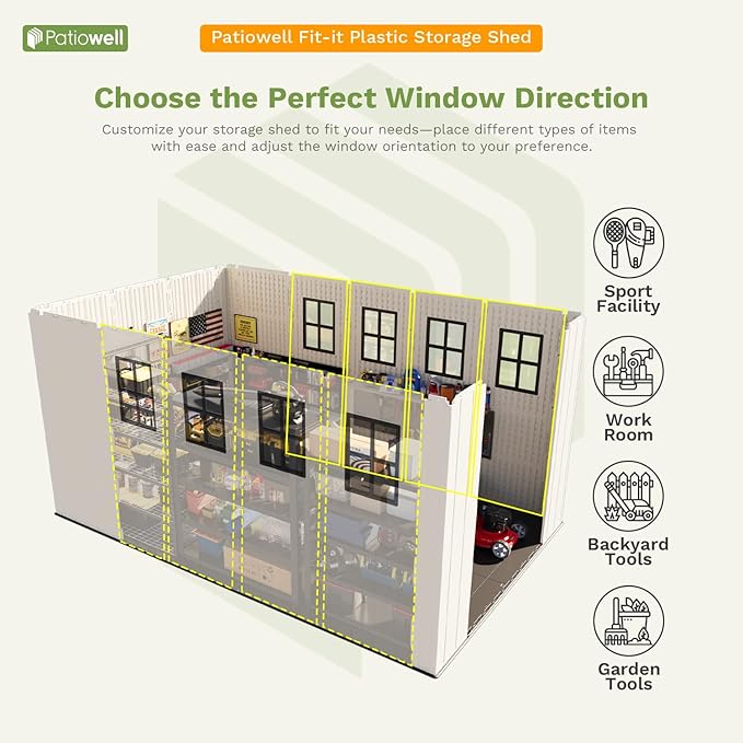 Patiowell 8 x 12 FT Resin Outdoor Storage Shed with Floor, Large Shed with Light and Lockable Door for Garden, Backyard, Tool Storage Use, Easy to Install in Beige (Kick-it Shed)-VerdiqueGarden