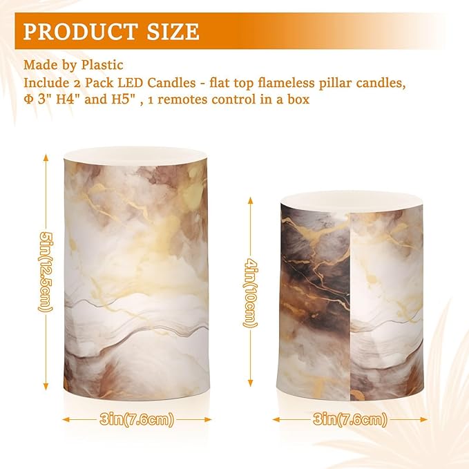 Flickering Flameless Candles, Brown White Marble LED Candles with Remote Timer, Set of 2 Battery Operated Candle for Valentine Wedding Birthday-VerdiqueGarden