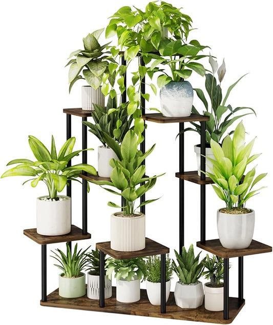 Bamworld Large Plant Stand Indoor, 9 Tier Tall Metal Plant Shelf for Multiple Plants, Tiered Flower Stand for Patio Garden Balcony Living Room Bedroom(Brown)-VerdiqueGarden