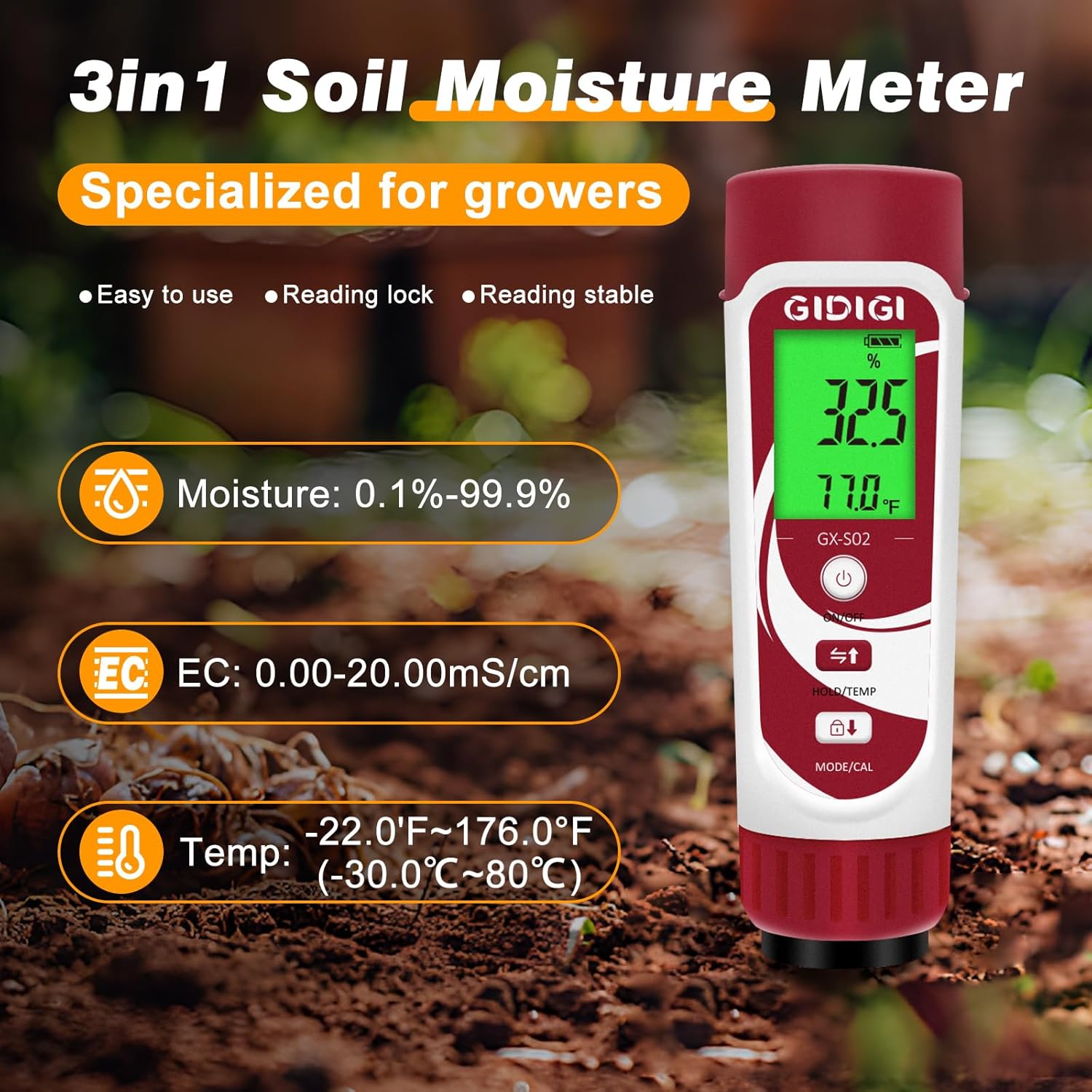 Moisture Meter for Plants, 3 in 1 Digital Soil Moisture Meter，Soil Moisture Meter and Soil EC Meter for Farms, Gardens, Orchards, Home Planting, Indoor Plants, Composting and Other Scenarios-VerdiqueGarden
