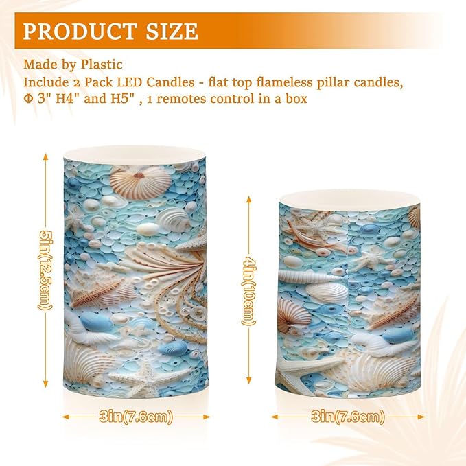 Flickering Flameless Candles, Starfish Seashell LED Candles with Remote Timer, Set of 2 Battery Operated Candle for Valentine Wedding Birthday-VerdiqueGarden