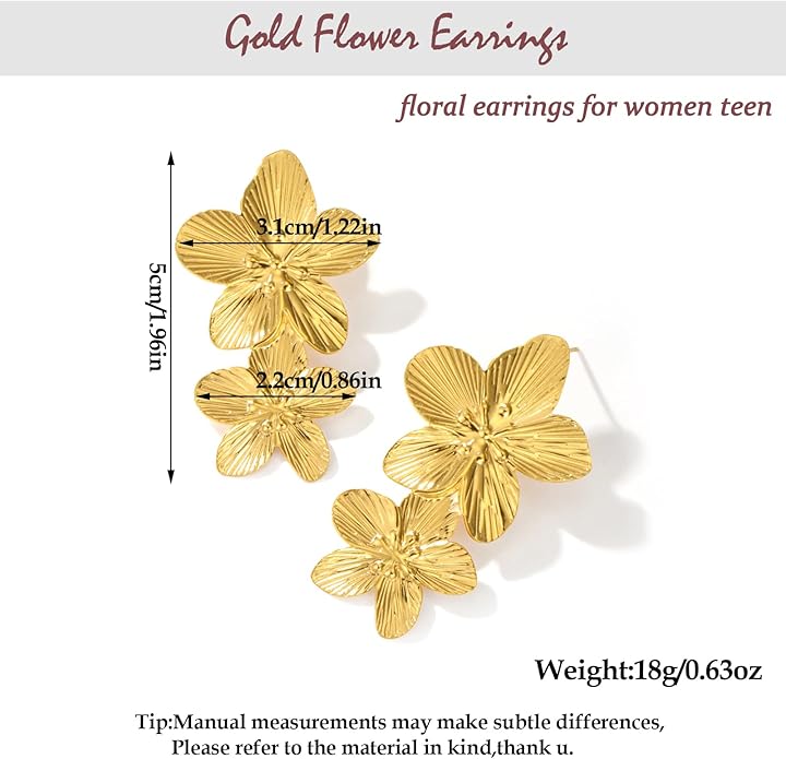 Flower Earrings for Women,Boho Statement Large Double Flower Earrings Trendy Chunky Floral Stud Earrings Elegant Chic