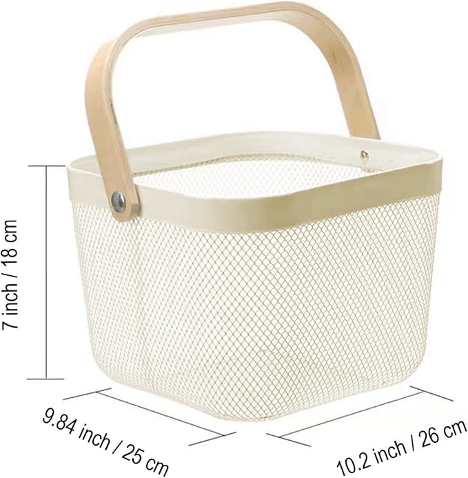 Metal Mesh Steel Basket, Storage Organizer Basket Multi-functional Hanging Kitchen Baskets Fruit Basket Bin with Bamboo Handle for Kitchen Bathroom Picnic Shopping Decor Cabinet Home, Beige-VerdiqueGarden