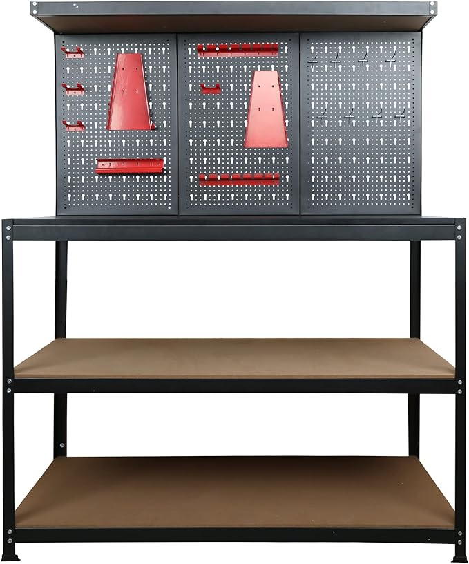 48inch Workbench with Peg Board, Multipurpose Tool Organizer and Work Bench with Double Storage Platform, Workbench in Garage Workshop (48" x 24" x 61")-VerdiqueGarden