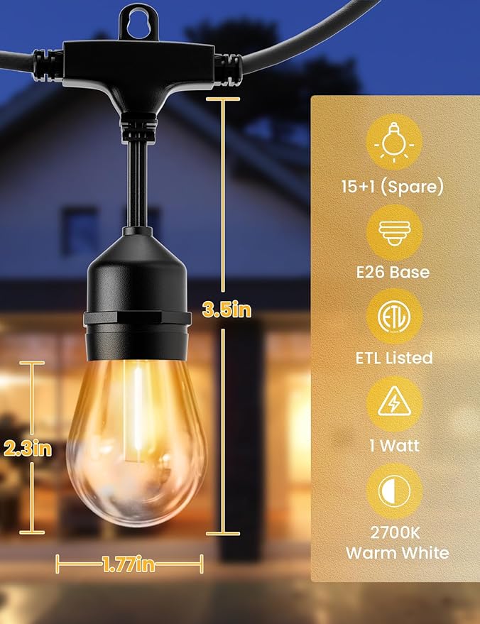 Svater Outdoor Led String Lights 50FT, Patio Lights with 16pcs S14 Shatterproof Bulbs, 1 Watt E26 Dimmable 2700K Warm White, IP65 Waterproof, Commercial Grade Light-VerdiqueGarden