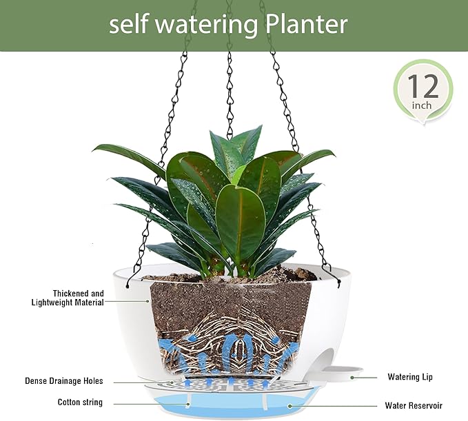 12 Inch Hanging Baskets 2 PC with Chains, Self-Watering Hanging Planters for Indoor Outdoor Plants, Plastic Hanging Flower Pots,White-VerdiqueGarden