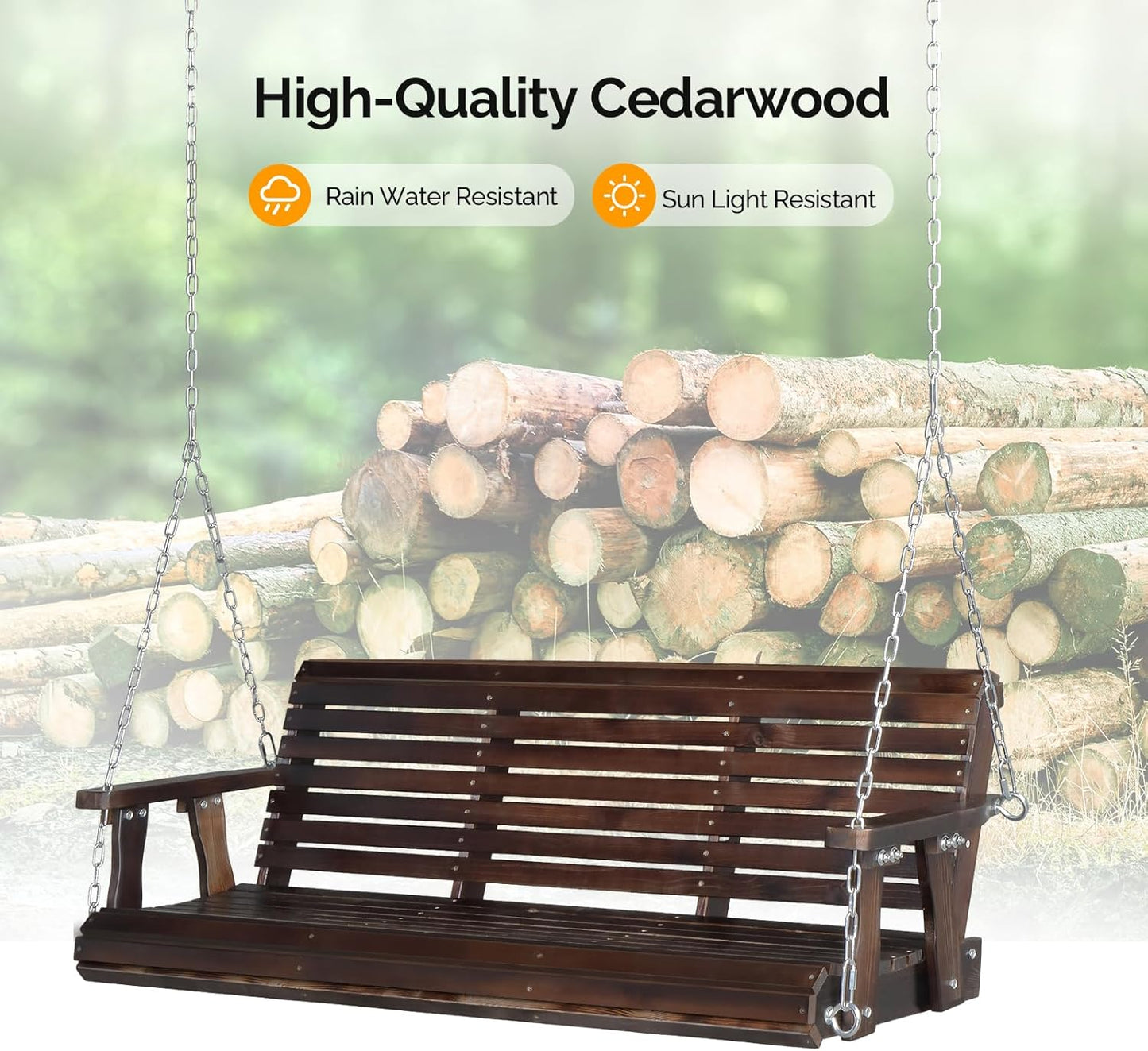 VINGLI Heavy Duty 880 LBS Patio Porch Swing Outdoor PU Painting, Hanging Chair with Adjustable Secure Chains, Finished Outdoor Bench Tree Swing for Yard | Garden | Lawn | Balcony (5 FT, Rustic)-VerdiqueGarden