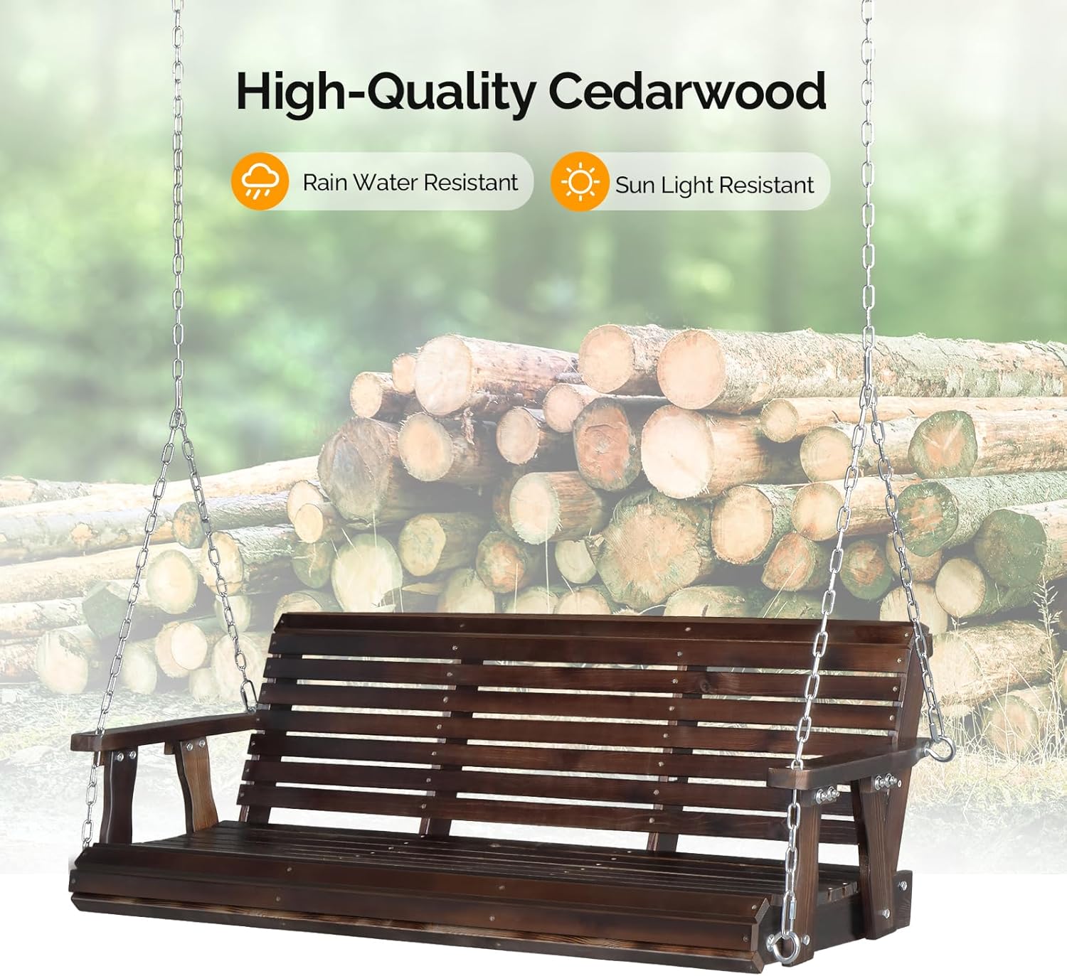 VINGLI Heavy Duty 880 LBS Patio Porch Swing Outdoor PU Painting, Hanging Chair with Adjustable Secure Chains, Finished Outdoor Bench Tree Swing for Yard | Garden | Lawn | Balcony (5 FT, Rustic)-VerdiqueGarden