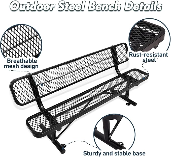 4/6/8 Feet Park Bench for Outside Heavy Duty Metal, Garden Benches Outdoor Bench with Backrest & Portable Frame, for Shopping Malls Stores Parks Patios Decks, Black-VerdiqueGarden