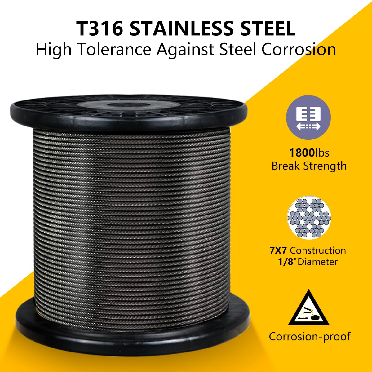 Black 400FT 1/8" T316 Stainless Steel Cable with Cutter, 7x7 Strands Aircraft Wire Rope for Deck Railing, Stair Handrail, Porch Fence, High Strength for Indoor and Outdoor Use-VerdiqueGarden