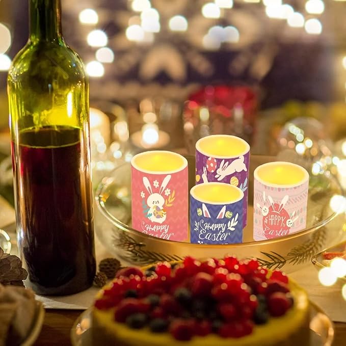 Happy Easter Flameless LED Battery Candles 4PCS Pillar Candles with 18-Key Timer Remote Color Changing Lights for Easter Party Day Celebration Decor, Cute Floral Bunny Rabbit-VerdiqueGarden