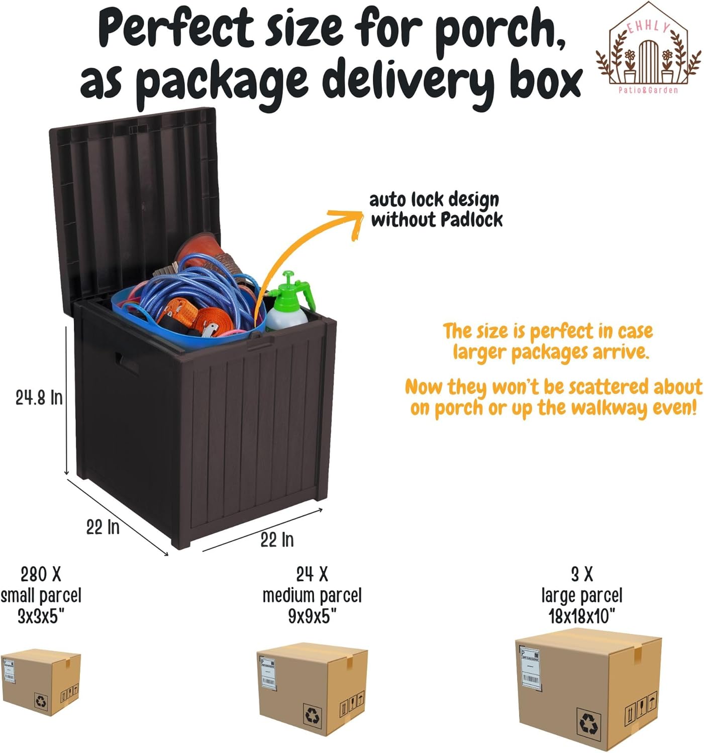 Deck Box, 51 Gallon Front Porch Package Bin Delivery Box for Outside, Small Patio Outdoor Storage Boxes Waterproof, UV Resistant Plastic Resin Pool Storage Bins with lids, Brown-VerdiqueGarden