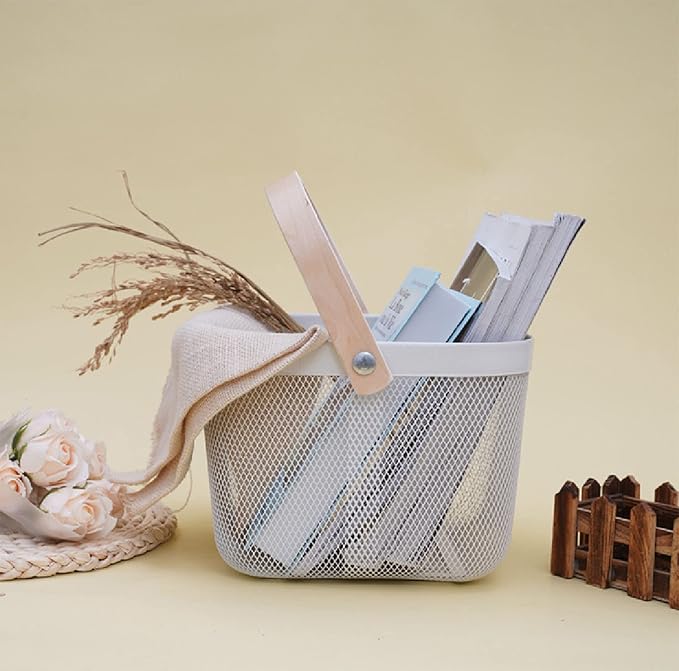 Metal Mesh Steel Basket, Storage Organizer Basket Multi-functional Hanging Kitchen Baskets Fruit Basket Bin with Bamboo Handle for Kitchen Bathroom Picnic Shopping Decor Cabinet Home, Beige-VerdiqueGarden