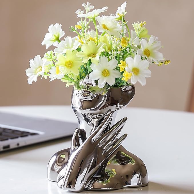 BrownLove Silver Ceramic Face Vase, Modern Silver Decorative Art Vase, Bookshelf Placed On The Desktop, Small Living Room, Office and Bedroom-VerdiqueGarden