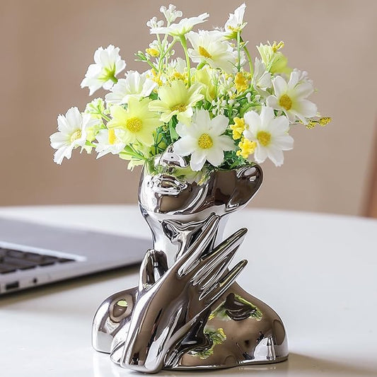 BrownLove Silver Ceramic Face Vase, Modern Silver Decorative Art Vase, Bookshelf Placed On The Desktop, Small Living Room, Office and Bedroom-VerdiqueGarden