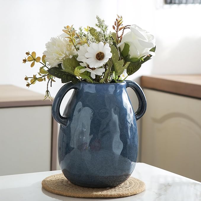 Blue Ceramic Vase with 2 Handles - Modern Farmhouse Rustic Terracotta Decorative Clay Boho Vase for Pampas Grass and Home Decor-VerdiqueGarden