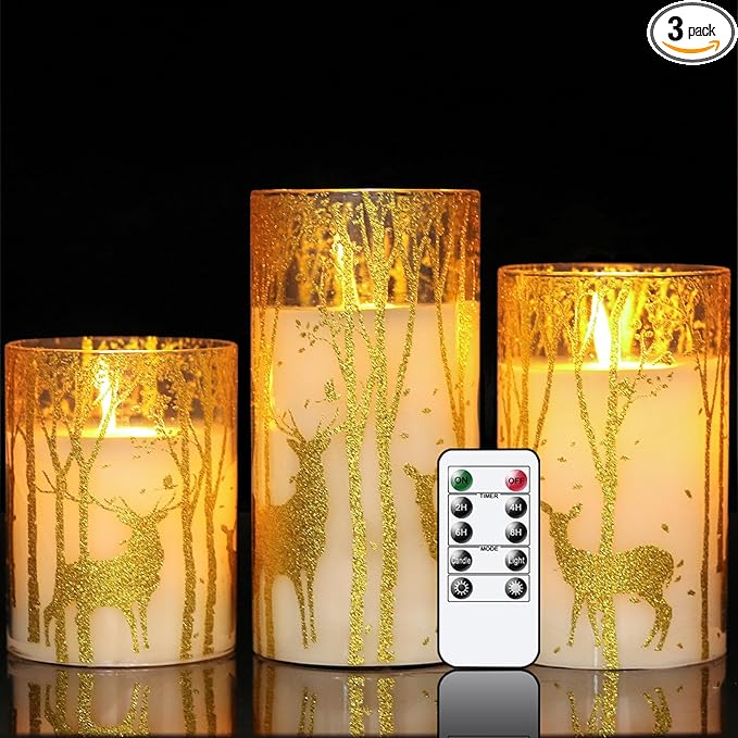 Christmas Deer Flameless Candles with Remote Timer, Glass Battery Operated Pillar Candles with Gold Elk Decor, LED Flickering Candles with 3D Wick and Real Wax for Winter Christmas Home Decor-VerdiqueGarden