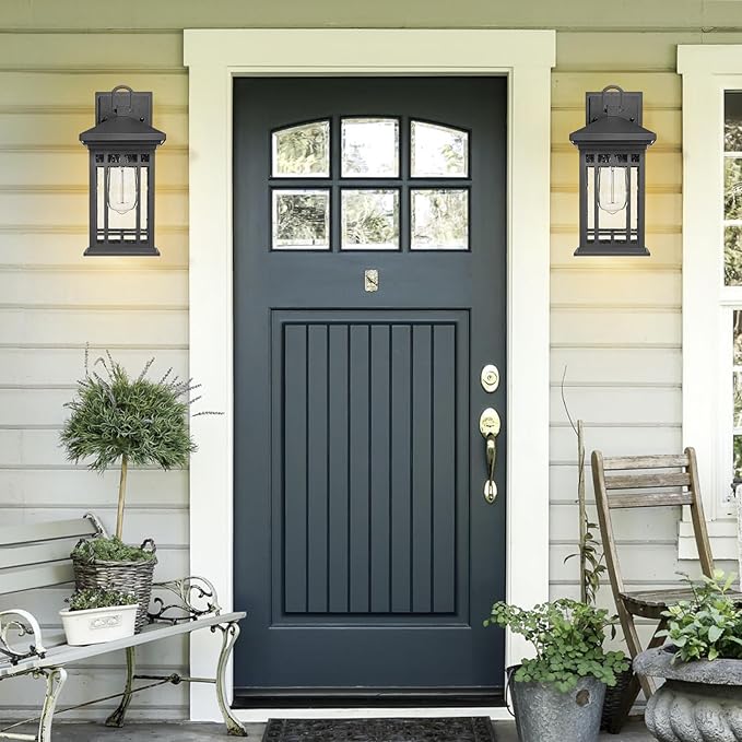 Outdoor Porch Lights Wall Mount, 12.4 Inch Outdoor Wall Lantern With E26 Sockets & Seeded Glass, Classic Exterior Lighting Fixtures, Waterproof Porch Light Fixtures For Garage (Bulbs Not Include)-VerdiqueGarden