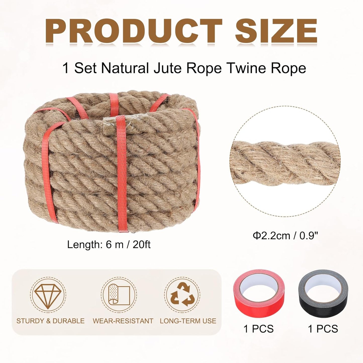MECCANIXITY Jute Rope 0.9 Inch x 20ft, Thick Twine Rope Ropes Braided Jute Twine Natural Brown Burlap Cord String Heavy Twisted with Tapes for Decorative Crafts Railing Swing Tug of War-VerdiqueGarden