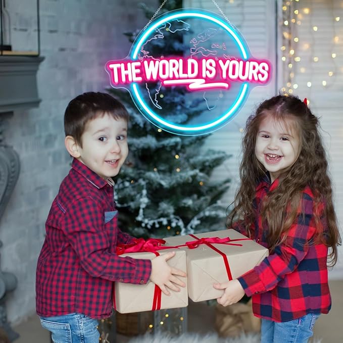 The World Is Yours Neon Sign, Carved Planet The World Is Yours LED Neon Light Lamp for Wall Decor, Light Up Signs for Office Wedding Man Cave Game Room Bedroom Birthday Gift-VerdiqueGarden