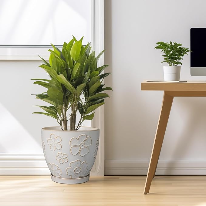 10 Inch Ceramic Planter Pot Large Plant Pot for Indoor Plants Outdoor Round Flower Pot with Drainage Hole and Saucer for Home Garden Decor White-VerdiqueGarden