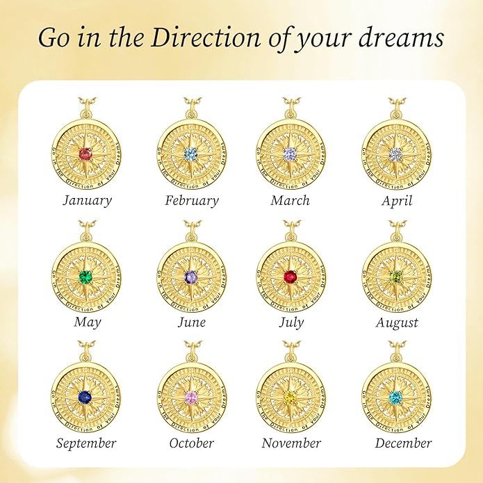 KINGWHYTE Graduation Gifts Birthstone Necklace for Women 925 Sterling Silver Compass Pendant Go in the Direction of your Dream Travel Jewelry Birthday Gift for Her