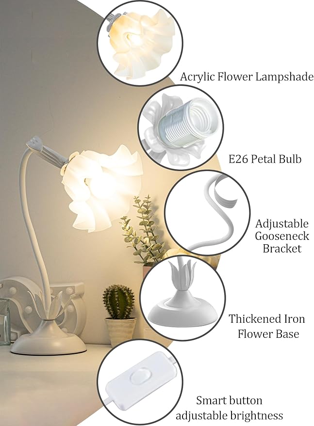 Flower Table Lamp,LED Reading Light Bedside Vintage Flower Night Light,3 Colors Modes Kawaii Bedside Lamps Decor,Living Room Bedroom Room Lighting Table Lamps Home Decoration (White)-VerdiqueGarden