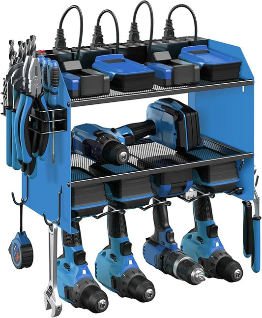 CCCEI Set Power Tool Organizer Wall Mount with Charging Station. Garage 4 Drill Storage Shelf with Hooks, Heavy Duty Metal Tool Battery Charger Organizer. Shop Utility Rack with Power Strip Blue.-VerdiqueGarden