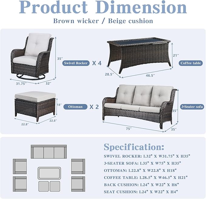 Wicker Patio Furniture Sets - 8 Piece Outdoor Rattan Furniture Conversation Sets with 4 Swivel Rocker Chairs, Rattan Sofa, Wicker Ottomans and Coffee Table, Brown/Beige-VerdiqueGarden