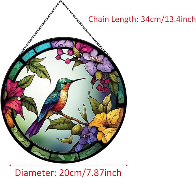 Hummingbirds and Flowers Pattern Hanging Stained Glass Suncatcher,Stained Glass Suncatchers for Windows,20cm/7.87inch Hand-Painted Sun Catcher Garden Painted Glass Panel Decor Themed Gift-VerdiqueGarden