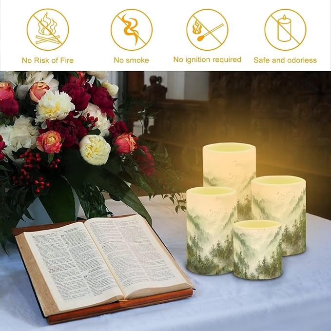 LED Flameless Candles Set Battery Operated Candles Pack of 4 with Remote Control Timer Dancing Flame Pillar Candles for Indoor Home Desktop Decoration, Mountain Tree Green-VerdiqueGarden