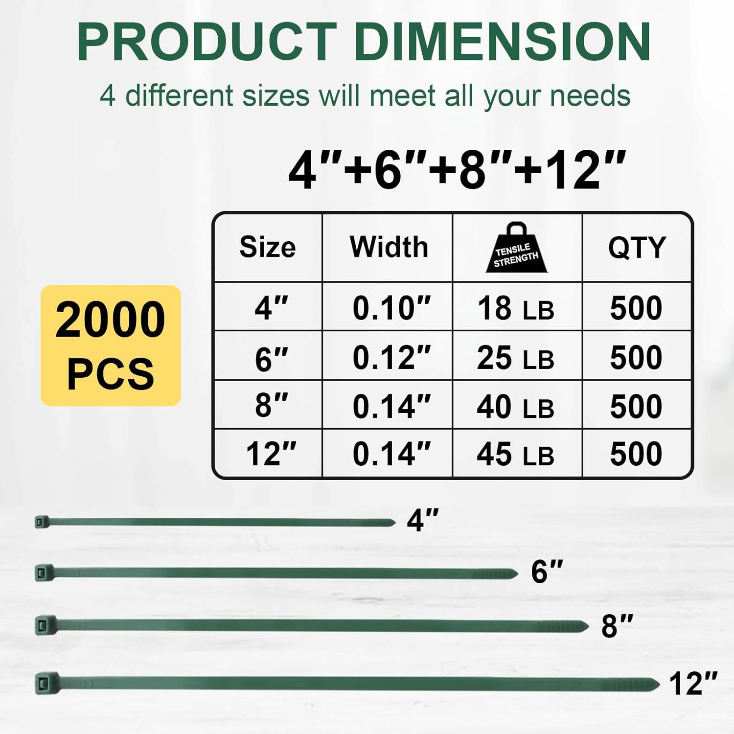 Green Zip Ties Assorted Sizes (4"+6"+8"+12"), 2000 Pack, Cable Ties UV Resistant for Garden, Plants, Fence, Holiday Lights, Yakobela-VerdiqueGarden