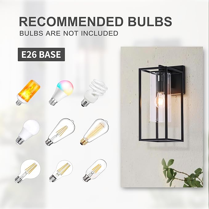15.7 Inch Outdoor Wall Lights, Black Outdoor Wall Lantern with Square Clear Glass Shade, Waterproof Exterior Lighting Fixtures, Modern Front Porch Lighting for House, Garage, E26 Base, ETL Listed-VerdiqueGarden
