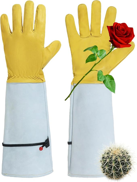 HANDLANDY Rose Gloves for Men & Women, Long Leather Gardening Gloves Thorn Proof, Best Garden Gifts & Tools for Gardener (Yellow-beige, Large (Pack of 1))-VerdiqueGarden