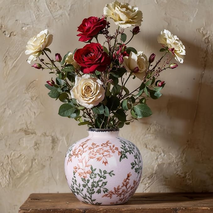 Green, White, and Brown Vintage Round vase, Chinese-Style Green Farmhouse Decorative vase, Suitable for Home Decor，Living Room, Dining Table, Office, Bookshelf, TV Cabinet, entryway Decor.-VerdiqueGarden