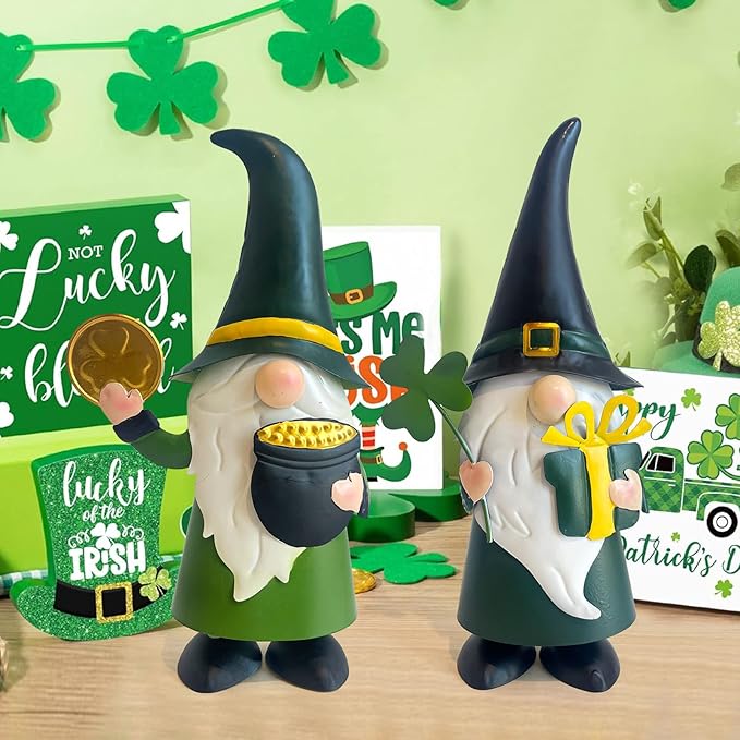 HONGLAND St. Patricks Day Decorations Outdoor Green Gnomes, Metal Gnomes Figurine Irish Leprechaun St Patricks Day Decor, Luck Shamrock Gnome for Home Outside Garden Lawn Party Yard Patio (14 INCH)-VerdiqueGarden