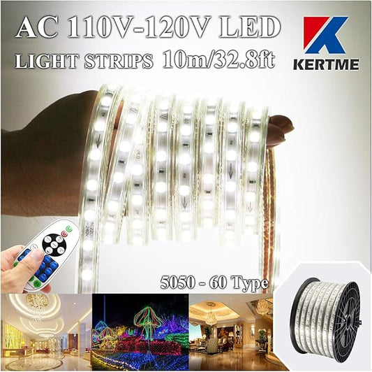 5050-60 Type AC 110-120V White LED Strip Lights, Flexible/Waterproof/Dimmable/Multi-Modes LED Rope Light + 23 Keys Remote for Home/Garden/Building Decoration (32.8ft/10m, White 6000K)-VerdiqueGarden
