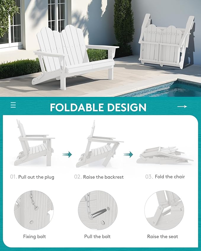 SERWALL Folding Adirondack Bench, HDPE All-Weather Adirondack Loveseat, 660 lbs Capacity, Foldable Outdoor Patio Bench for Deck, Lawn, Garden, White-VerdiqueGarden