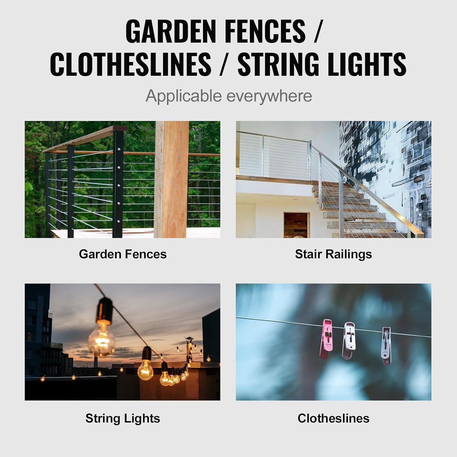 VEVOR T316 Deck Railing Cable, 1/8" Stainless Steel Wire Rope 300 ft with Cutter Kit, 7x7 Strands Construction Marine Aircraft Grade for Handrail Stair Decking Fence Outdoors-VerdiqueGarden