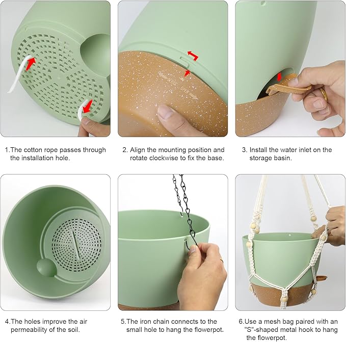 10 inch Self Watering Hanging Planters for Indoor Plants, 2 Pack Hanging Baskets for Outdoor Plants, Hanging Flower Pots with Drainage Holes & 2 Kinds of Plant Hangers for Home Decor, Green-VerdiqueGarden