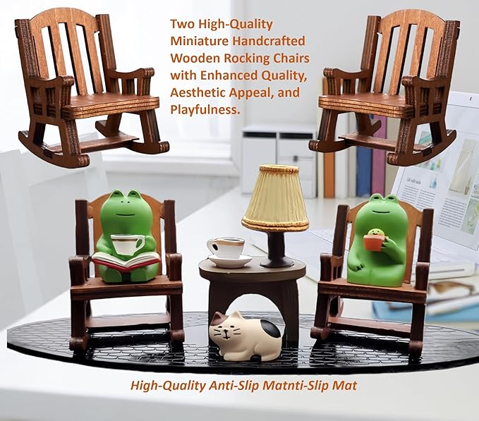 7 Pcs Cute Frog Rocking Chair Set with Miniature Frog Figurines, Mini cat, and Whimsical Trinkets - Versatile Decor for Office, Home, Yard, Patio, and Lawn-VerdiqueGarden