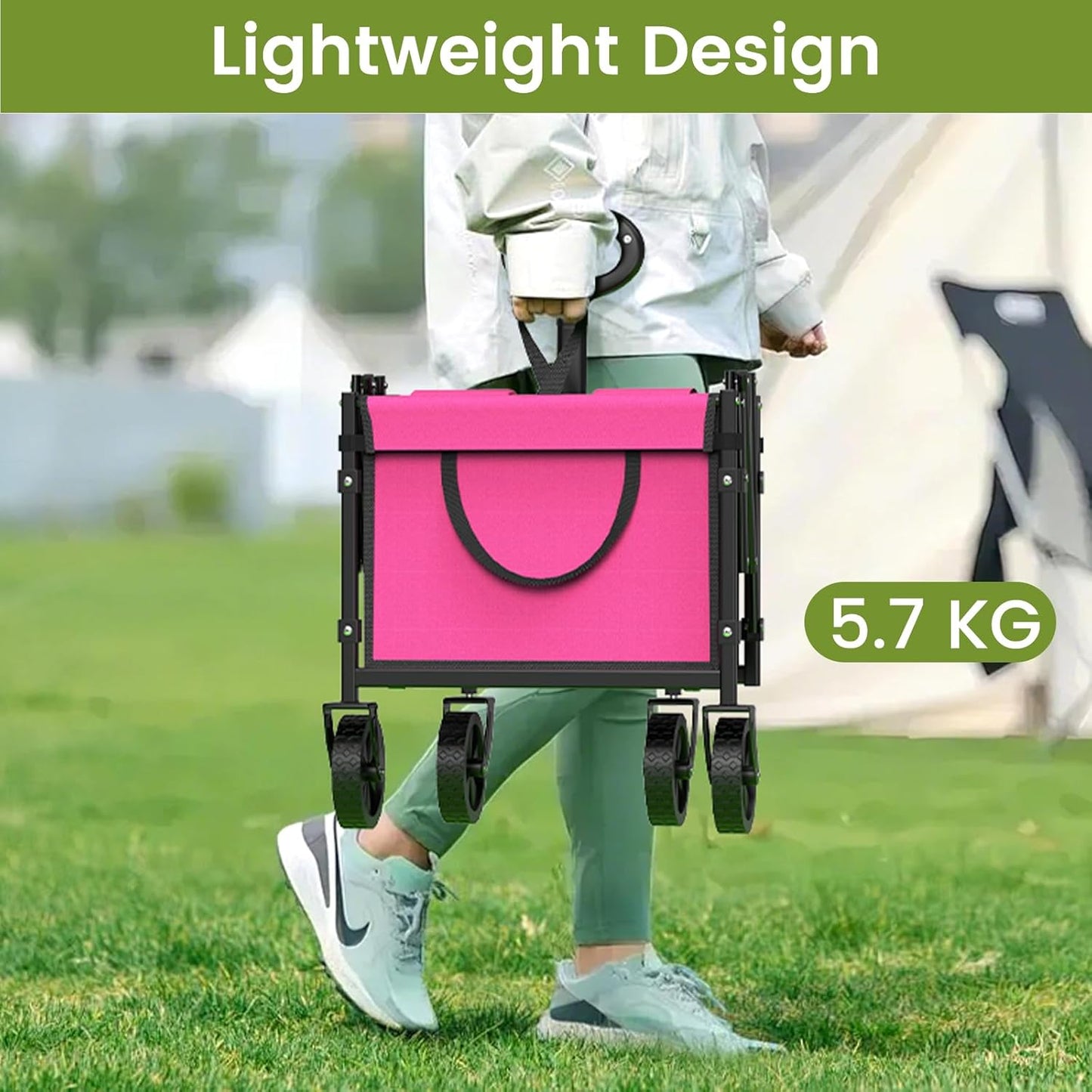 Collapsible Wagon with Wheels, 220 lbs Wagons Carts Foldable Wagon Cart with Flexible Handle, Lightweight Portable Folding Utility Grocery Shopping Cart for Grocery Sports Garden Camping, Pink-VerdiqueGarden