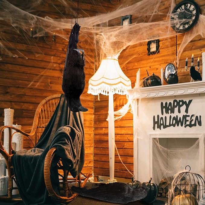 Lewtemi 2 Pcs 17 Inch Realistic Hanging Dead Crows Decoy Life Size Black Feathered Crow Fake Black Crows for Garden Decorations-VerdiqueGarden