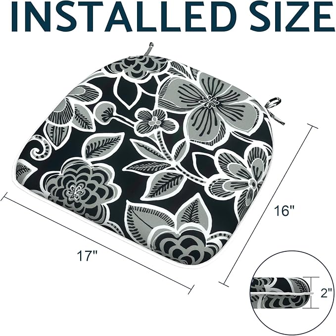 Indoor/Outdoor Chair Cushions 16x17 Inch, Patio Chair Cushions with Ties, All Weather Seat Cushions for Patio Furniture Home Garden Chair Use, Set of 4,Flower Black-VerdiqueGarden