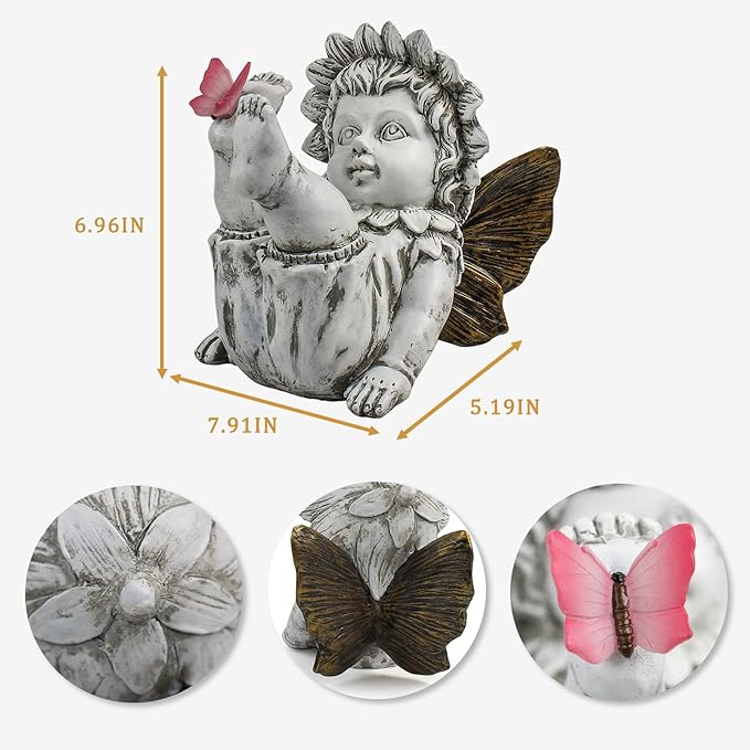 Garden Fairy Outdoor Solar Decor, Resin Ornaments for Patio Lawn Yard Porch, Playful Garden Flower Fairy Statues for Outside Angel Gifts, 7.91 Inches Tall-VerdiqueGarden