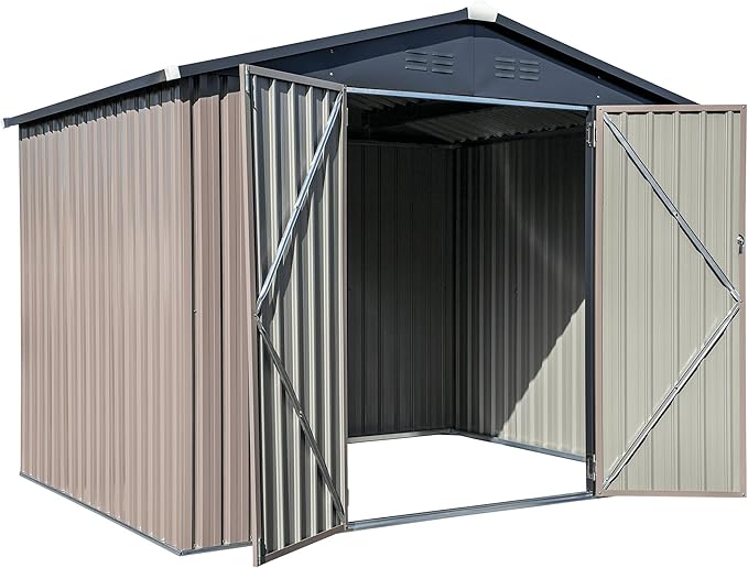 Metal Outdoor Galvanized Steel Storage Shed with Lockable Doors for Backyard or Patio Storage of Bikes, Grills, Supplies, Tools, Toys, for Lawn, Garden, and Camping, Tan (8x6)-VerdiqueGarden