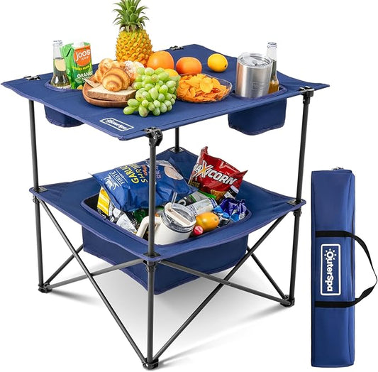 Folding Camping Table, Portable Outdoor Picnic Table, Rectangular Lightweight Camp Table with Storage, Cup Holder and Carry Bag for Barbeque Beach Camping and Tailgate-VerdiqueGarden