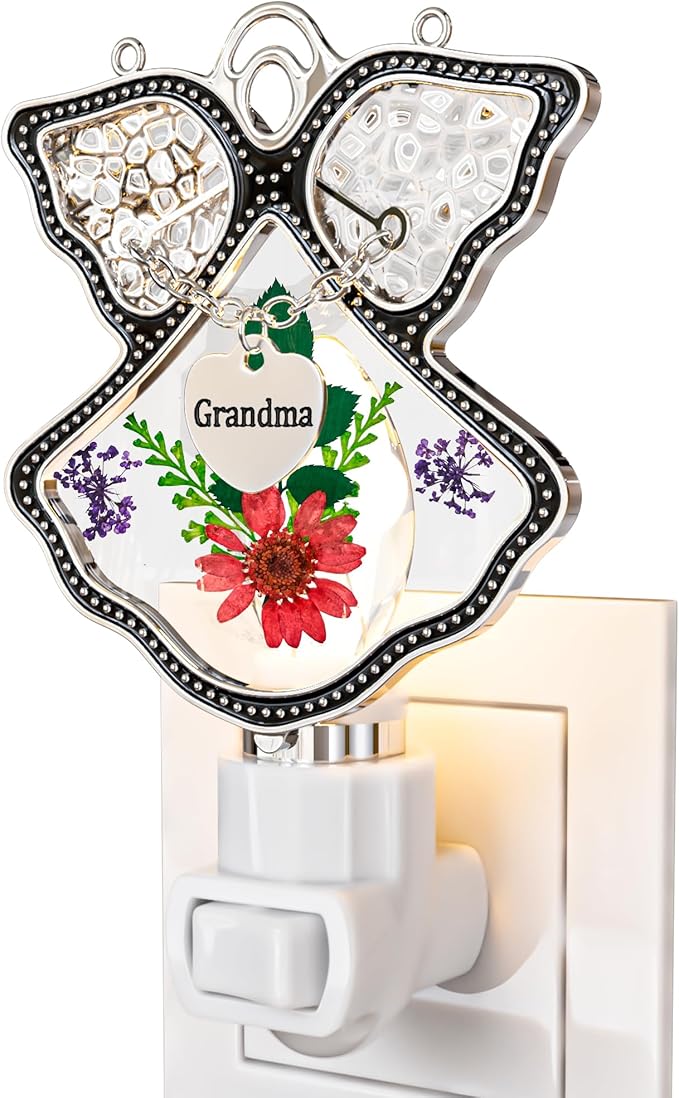 KY&BOSAM Night Light Grandma Stained Glass Angel Night Lights Plug Into Wall with Real Flower in Glass and Metal Charm Night Light for Nursery Bedroom Bathroom Accent Lite Elegant Home Decoration-VerdiqueGarden